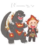  akai_suzaku cat chibi claws closed_eyes crossover godzilla godzilla:_king_of_the_monsters godzilla_(series) idolmaster idolmaster_side-m kaijuu male_focus multicolored_hair open_mouth red_hair roknichi519 scales sharp_teeth sideburns simple_background spiked_hair steam tail teeth 