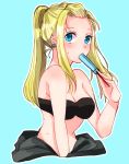  1girl absurdres black_bra blonde_hair blue_background blue_eyes bra breasts cleavage cropped_torso earrings food fullmetal_alchemist highres holding holding_food ice_cream jewelry long_hair machi_(xxx503r) medium_breasts ponytail popsicle sidelocks simple_background solo strapless strapless_bra underwear very_long_hair winry_rockbell 