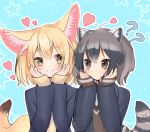  2girls ?? alternate_costume animal_ear_fluff animal_ears blazer blonde_hair blush commentary_request common_raccoon_(kemono_friends) eyebrows_visible_through_hair fennec_(kemono_friends) fox_ears fox_tail grey_hair hands_on_own_cheeks hands_on_own_face heart ichi001 jacket kemono_friends long_sleeves looking_at_another matching_outfit multicolored_hair multiple_girls raccoon_ears raccoon_tail school_uniform short_hair sleeves_past_wrists smile sparkle tail upper_body 