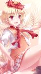  1girl :d bangs bird bird_tail bird_wings blonde_hair chick commentary_request eyebrows_visible_through_hair highres looking_at_viewer lzh niwatari_kutaka open_mouth outstretched_arm puffy_sleeves red_eyes red_hair short_hair simple_background smile solo touhou white_background wings 