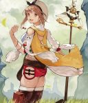  1girl 55level atelier_(series) atelier_ryza bangs belt blush breasts brown_eyes brown_hair cloud cloudy_sky day gloves grass hair_ornament hairclip hat highres holding holding_staff jewelry large_breasts looking_at_viewer mountainous_horizon necklace open_mouth outdoors parted_bangs red_shorts reisalin_stout short_shorts shorts simple_background sky smile solo staff standing thighhighs thighs white_background white_headwear 