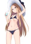  1girl abigail_williams_(fate/grand_order) arm_up armpits ass_visible_through_thighs bangs bikini black_bikini black_bow blonde_hair blue_eyes bow choker cup fate/grand_order fate_(series) forehead hat hat_bow highres holding holding_cup jilu long_hair looking_at_viewer navel parted_bangs ribbon_choker simple_background skindentation solo standing stomach swimsuit very_long_hair white_background white_headwear 