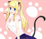  1girl absurdres animal_ears bangs blonde_hair blue_eyes blue_skirt cat_ears cat_tail eyebrows_visible_through_hair fullmetal_alchemist high_ponytail highres leaning_forward long_hair looking_at_viewer machi_(xxx503r) paw_background paw_pose pink_background pleated_skirt shirt skirt sleeveless sleeveless_shirt solo standing swept_bangs tail very_long_hair white_shirt winry_rockbell 