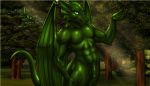  anthro dragon flaccid forest horn humanoid_penis kinojaggernov looking_at_viewer male muscular muscular_male nude outside penis solo standing tree uncut wings 