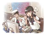  1boy 1girl admiral_(kantai_collection) black_eyes black_hair black_sailor_collar black_shirt black_skirt book clothes_writing commentary_request fubuki_(kantai_collection) hat kantai_collection karasu_(naoshow357) keyboard_(computer) low_ponytail map military military_uniform monitor naval_uniform peaked_cap pleated_skirt ponytail remodel_(kantai_collection) sailor_collar school_uniform serafuku shirt short_ponytail sidelocks skirt surprised table trophy uniform white_headwear 