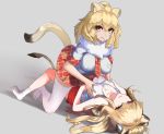  2girls animal_ear_fluff animal_ears arknights bag bare_arms bare_legs bare_shoulders blonde_hair boy_(pixiv17542438) breast_grab breast_pocket breasts camisole cat_girl cleavage closed_mouth collarbone crossover eyebrows_visible_through_hair full_body fur_collar girl_on_top grabbing hair_between_eyes kemono_friends kneeling lion_(kemono_friends) lion_ears lion_tail long_hair looking_at_viewer lying medium_breasts medium_hair mouth_hold multiple_girls necktie on_back parted_lips plaid plaid_neckwear plaid_skirt pocket shirt short_sleeves shorts siege_(arknights) skirt smile socks tail thighhighs trait_connection white_camisole white_legwear white_shirt yellow_eyes yuri zettai_ryouiki 