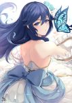  1girl back bangs bare_shoulders blue_eyes blue_hair blush bouquet bride bride_(fire_emblem) bug butterfly dress fire_emblem fire_emblem:_kakusei fire_emblem_musou flower hair_between_eyes hair_flower hair_ornament highres insect long_hair looking_at_viewer lucina nakabayashi_zun simple_background solo strapless strapless_dress tiara veil wedding wedding_dress white_dress 