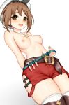  1girl :d arms_behind_back atelier_(series) atelier_ryza bangs belt belt_buckle blush breasts brown_eyes brown_hair buckle collarbone cowboy_shot cum cum_on_body cum_on_lower_body eyebrows_visible_through_hair from_below hair_ornament hairclip jewelry looking_at_viewer looking_down medium_breasts navel necklace nipples open_mouth red_shorts reisalin_stout round-bottom_flask short_hair short_shorts shorts simple_background smile solo star star_necklace test_tube thighhighs toshishikisai white_background white_headwear white_legwear 