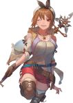  1girl ;d atelier_(series) atelier_ryza belt breasts brown_eyes brown_gloves brown_hair brown_legwear cleavage collarbone commentary_request gloves hair_ornament hairclip hat highres holding holding_spear holding_weapon jewelry large_breasts looking_at_viewer navel necklace one_eye_closed open_mouth polearm red_shorts reisalin_stout short_hair short_shorts shorts simple_background single_glove smile solo spear star teeth thighhighs thighs ukimesato upper_teeth weapon white_background white_headwear white_legwear 