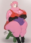  alpaca animal_crossing apron big_breasts big_butt breasts butt camelid clothing dizzyknight female hi_res lips mammal mature_female nintendo obese obese_female overweight overweight_female reese_(animal_crossing) sitting solo thick_thighs video_games voluptuous 