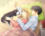  1boy 1girl black_hair blonde_hair book closed_eyes collared_shirt dog dress_shirt earrings from_above fullmetal_alchemist green_pillow jewelry long_hair long_sleeves lying on_side pink_shirt riza_hawkeye roy_mustang shirt sleeping takafuji_yuna under_covers white_shirt wing_collar wooden_floor 