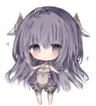  1girl :o bangs bare_shoulders barefoot blush character_request chibi commentary_request cottontailtokki eyebrows_visible_through_hair full_body hair_between_eyes hair_ornament hand_up long_hair looking_at_viewer parted_lips puffy_shorts purple_eyes purple_hair purple_shorts shadowverse short_shorts shorts simple_background solo standing very_long_hair white_background 