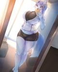  2019 anthro barefoot big_breasts blue_eyes blush bottomwear breasts canid canine canis clothed clothing domestic_dog female fluffy fluffy_tail fur grey_hair hair hand_on_hip hi_res holding_object inside jacket kemono mammal mirror navel open_mouth phone ponytail pose selfie shorts solo tetto tight_clothing topwear white_fur 