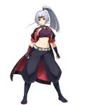  1girl absurdres black_footwear black_gloves breasts character_request gloves goggles goggles_around_neck high_ponytail highres kouya_no_kotobuki_hikoutai looking_at_viewer medium_breats midriff navel official_art red_eyes silver_hair simple_background solo standing 