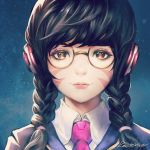  1girl academy_d.va alternate_costume alternate_hair_color alternate_hairstyle artist_name bangs black_hair blazer braid d.va_(overwatch) facepaint facial_mark glasses headphones jacket long_hair looking_at_viewer necktie nose overwatch pink_lips pink_neckwear realistic rousteinire school_uniform signature solo swept_bangs twin_braids whisker_markings 