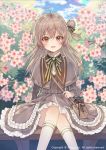  1girl :d ahoge bag blue_sky blurry blurry_background blush bow brown_capelet brown_dress brown_eyes brown_hair capelet cloud cloudy_sky commentary_request day depth_of_field dress flower frilled_dress frills green_bow hair_bow kneehighs laurelfalcon long_hair long_sleeves official_art one_side_up open_mouth outdoors pink_flower shoulder_bag sid_story sitting sky smile solo striped striped_bow watermark white_legwear 