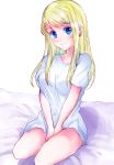  1girl absurdres bed_sheet between_legs blonde_hair blue_eyes earrings eyebrows_visible_through_hair fullmetal_alchemist hand_between_legs highres jewelry long_hair looking_at_viewer machi_(xxx503r) naked_shirt shirt short_sleeves simple_background sitting smile solo white_background white_shirt winry_rockbell 