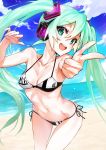  1girl :d absurdres aqua_eyes aqua_hair armpits arms_up beach bikini black_bikini blue_sky blush breasts character_name cleavage clothes_writing cloud collarbone day eyebrows_visible_through_hair hatsune_miku head_tilt headphones highres horizon leaning_forward long_hair looking_at_viewer navel ocean open_mouth outstretched_arm pointing pointing_at_viewer round_teeth sand shore side-tie_bikini sky small_breasts smile solo stomach swimsuit tabobox teeth thigh_gap upper_teeth very_long_hair vocaloid 