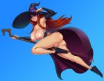  1girl breasts detached_sleeves dragon&#039;s_crown flying hat highres large_breasts long_hair looking_at_viewer nipples one_eye_closed pussy pussy_juice red_eyes red_hair smile solo sorceress_(dragon&#039;s_crown) staff uncensored witch_hat xinaelle 