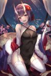  1girl bangs bare_shoulders black_dress blush bob_cut breasts cenangam cup dress elbow_gloves eyebrows_visible_through_hair fate/grand_order fate_(series) garter_belt garter_straps gloves holding holding_cup horns looking_at_viewer makeup off_shoulder oni oni_horns pelvic_curtain purple_eyes purple_hair short_hair shuten_douji_(fate/grand_order) small_breasts smile solo sparkle underwear white_legwear 