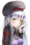  1girl bangs beret biting black_headwear black_jacket blush breasts closed_mouth commentary eyebrows_visible_through_hair facial_mark girls_frontline glove_biting gloves green_eyes hair_ornament hat highres hk416_(girls_frontline) jacket large_breasts lee_seok_ho long_hair looking_at_viewer silver_hair simple_background solo tilted_headwear upper_body white_background white_gloves 