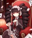  1girl ardenlolo black_hair black_legwear black_nails bonnet card celestia_ludenberck chair commentary cup danganronpa dress drill_hair english_commentary frills gothic_lolita hairband holding holding_cup lamp lolita_fashion long_hair nail_polish necktie playing_card red_eyes red_neckwear ribbon sitting smile solo thighhighs twin_drills twintails white_ribbon 