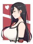  1girl :p black_hair breasts cleavage closed_mouth collarbone commentary_request earrings final_fantasy final_fantasy_vii heart highres iorosssu jewelry large_breasts long_hair profile red_background red_eyes shirt solo suspenders tifa_lockhart tongue tongue_out upper_body white_earrings white_shirt 