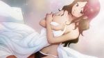 1girl bed_sheet black_panties breasts brown_hair cleavage collarbone covering covering_one_breast dark_skin game_cg green_eyes groin long_hair looking_at_viewer medium_breasts minamo_setouchi official_art open_mouth panties shiny shiny_hair sitting solo underwear underwear_only zanki_zero 