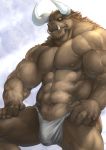  2019 abs anthro barazoku bomb_(artist) bovid bovine brown_fur bulge clothing fingernails fundoshi fur japanese_clothing kemono light lighting looking_at_viewer male mammal muscular muscular_male nails navel nipples obliques penis_outline smile solo underwear vein 
