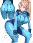  1girl absurdres ass bent_over blonde_hair blue_bodysuit blue_eyes blush bodysuit breasts from_behind highres kirby kirby_(series) large_breasts lips long_hair metroid mnb mole mole_under_mouth multiple_views ponytail samus_aran simple_background sitting sitting_on_face sitting_on_person skin_tight sweatdrop thighs very_long_hair white_background zero_suit 