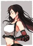  1girl black_hair black_undershirt blush breasts closed_eyes denki_shougun earrings final_fantasy final_fantasy_vii final_fantasy_vii_remake fingerless_gloves from_side gloves grey_background highres jewelry large_breasts long_hair navel portrait simple_background sleeveless solo suspenders tank_top tifa_lockhart upper_body 