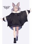  1girl :d animal_ears bare_legs bat bat_girl black_footwear black_jacket brown_eyes commentary drawstring fangs full_body fur_trim jacket long_sleeves looking_at_viewer open_mouth original outstretched_arms shoes short_hair shugao silver_hair smile solo thighs walking zipper_pull_tab 