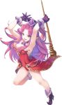  1girl angela_(seiken_densetsu_3) armpits arms_up artist_request boots breasts cleavage gloves green_eyes hat holding holding_staff large_breasts leotard long_hair looking_at_viewer official_art open_mouth pointy_ears purple_gloves purple_hair purple_headwear red_leotard seiken_densetsu seiken_densetsu_3 smile solo staff 
