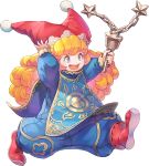 1girl artist_request blonde_hair blue_bodysuit blue_eyes blush blush_stickers bodysuit charlotte_(seiken_densetsu_3) curly_hair flail hand_on_headwear holding holding_weapon long_hair lowres official_art open_mouth red_footwear red_headwear seiken_densetsu seiken_densetsu_3 shoes smile solo transparent_background walking weapon 