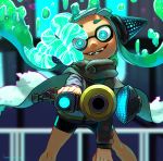  1girl aiming_at_viewer artist_name bangs bike_shorts black_shirt black_shorts blunt_bangs blurry blurry_background cape commentary crazy_eyes crazy_smile depth_of_field domino_mask fangs foreshortening glowing glowing_eyes green_hair grey_cape hanako515_ika head_tilt headgear hero_shot_(splatoon) highres holding holding_weapon hypnosis inkling long_sleeves mask mind_control shirt shorts signature single_vertical_stripe solo sparkle splatoon_(series) splatoon_2 splatoon_2:_octo_expansion squidbeak_splatoon tentacle_hair vest weapon yellow_vest 