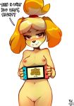  2019 animal_crossing anthro blush breasts canid canine canis dialogue digtal_media domestic_dog english_text female hi_res holding_object isabelle_(animal_crossing) looking_at_viewer mammal navel nintendo nintendo_switch nipples nude pussy shih_tzu signature simple_background smile solo talking_to_viewer text toy_dog video_games white_background zero-sum 