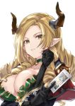  1girl black_gloves blonde_hair breasts card cleavage draph earrings gloves granblue_fantasy holding holding_card horns jewelry justice_(tarot_card) large_breasts maka_(morphine) tarot teresa_(granblue_fantasy) white_background yellow_eyes 