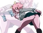  2girls \n/ ashido_mina ass black_legwear black_sclera black_skirt boku_no_hero_academia double_\n/ eyebrows_visible_through_hair feet_out_of_frame from_behind gloves grin guido_(sucurapu) hagakure_tooru half-closed_eyes hand_up hands_up horns invisible jacket kneepits leaning_forward lifted_by_self long_sleeves looking_at_viewer looking_back medium_hair messy_hair miniskirt multiple_girls naughty_face no_panties nude orange_eyes pink_hair purple_skin school_uniform skirt skirt_lift smile socks solo_focus standing v 