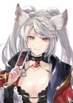  1girl animal_ears breasts brown_eyes card choker cleavage erune fraux gem granblue_fantasy grey_hair holding holding_card maka_(morphine) medium_breasts smile tarot the_devil twintails white_background 