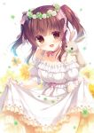  1girl :d animal animal_on_shoulder bare_shoulders blush breasts brown_eyes brown_hair bunny bunny_on_shoulder clover collarbone commentary_request dress flower flower_wreath four-leaf_clover head_wreath looking_at_viewer off_shoulder open_mouth original puffy_short_sleeves puffy_sleeves short_sleeves sidelocks skirt_hold small_breasts smile solo twintails white_background white_dress white_flower yellow_flower yukie_(peach_candy) 