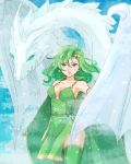  1girl bare_shoulders breasts cape cleavage closed_mouth collarbone detached_sleeves dragon dress earrings final_fantasy final_fantasy_iv green_cape green_dress green_hair green_legwear hair_ornament highres jewelry long_hair long_sleeves medium_breasts mist_dragon rydia sleeves_past_wrists star star_earrings star_hair_ornament star_print thighhighs toufu_(toufu_53) wide_sleeves 