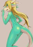  5_fingers anthro blonde_hair blue_eyes blush breasts butt countershade_face countershade_tail countershade_torso countershading dragon fangs featureless_breasts female green_tail hair horn kemono long_hair multicolored_skin multicolored_tail nude open_mouth shimizu_tsubasa solo teal_skin teeth white_countershading white_horn white_skin white_tail 