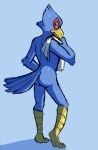  avian blush butt digital_media_(artwork) falco_lombardi feet humanoid_feet looking_back male matsutzu nintendo nude simple_background solo star_fox sweat towel video_games 