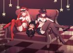  1boy 2girls adapted_costume alluring_chief_warden_look alternate_costume bikini_top blue_hair breasts checkered checkered_floor chibi cleavage couch cu_chulainn_alter_(fate/grand_order) elbow_gloves fate/grand_order fate_(series) feather_boa glitter gloves hat heart heart_necklace high_heels highres hood lancer long_hair looking_to_the_side medb_(fate)_(all) medium_breasts mini_cu-chan multiple_girls peaked_cap pencil_skirt pink_hair purple_hair red_eyes scathach_(fate)_(all) scathach_(fate/grand_order) skirt star thighhighs xion32 yellow_eyes 