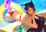  1girl ahri animal_ears ass bare_arms bare_shoulders bell bent_over bikini blue_hair breasts cleavage cup day drink drinking_glass drinking_straw earrings fox_ears fox_girl fox_tail hair_strand heart heart_earrings highres innertube jewelry jingle_bell league_of_legends lips long_hair mole mole_under_eye nail_polish outdoors partially_submerged pool red_bikini red_nails solo string_bikini summer swimsuit tail thaumazo water whisker_markings yellow_eyes 