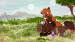  16:9 canid canine cloud crownedvictory flower fox fur grass green_eyes hi_res invalid_background invalid_tag log mammal mountain orange_fur plant potions sitting tree wood 