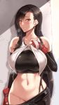  1girl bangs bare_shoulders black_hair black_skirt black_tank_top black_undershirt blush breasts brown_eyes closed_mouth commentary_request covered_nipples crop_top earrings elbow_gloves elbow_pads final_fantasy final_fantasy_vii fingerless_gloves gloves highres jewelry large_breasts long_hair looking_at_viewer navel pencil_skirt red_gloves shirt_lift shuugetsu_karasu skirt skirt_pull solo stomach suspender_skirt suspenders sweat tank_top tank_top_lift tifa_lockhart very_long_hair white_tank_top 