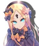  &gt;:( 1girl abigail_williams_(fate/grand_order) bangs black_bow black_dress black_headwear blonde_hair blue_eyes bow bug butterfly closed_mouth dress drop_shadow fate/grand_order fate_(series) forehead glowing glowing_eyes hair_bow hat insect keyhole light_frown long_hair looking_at_viewer nasaniliu orange_bow parted_bangs polka_dot polka_dot_bow solo v-shaped_eyebrows very_long_hair white_background 