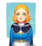  1girl bangs braid cape crown_braid hair_ornament hairclip looking_at_viewer mella parted_bangs pointy_ears princess_zelda short_hair smile solo the_legend_of_zelda the_legend_of_zelda:_breath_of_the_wild_2 thick_eyebrows upper_body 