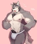  2019 5_fingers absurd_res amber_eyes anthro blush body_hair bottomwear bulge canid canine canis chest_hair clothed clothing embarrassed eyebrows facial_hair hi_res lveink male mammal muscular muscular_male navel nipples open_mouth pecs scar shorts sideburns skimby solo topless wolf 